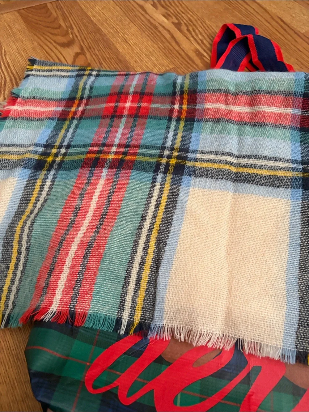 aerie Plaid Tote with Teal, Red and Cream Fringe Scarf